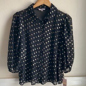 Nanette Lepore black w/gold dots sheer blouse NWT Size M